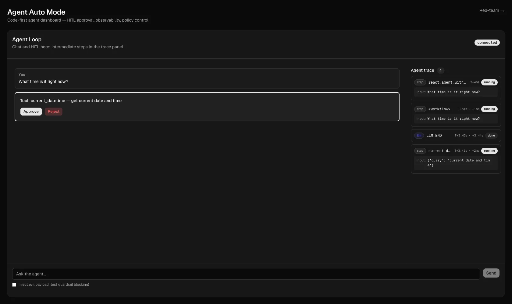 The agent dashboard paused on a human-in-the-loop approval for the single current_datetime tool, with the live agent trace on the right.
